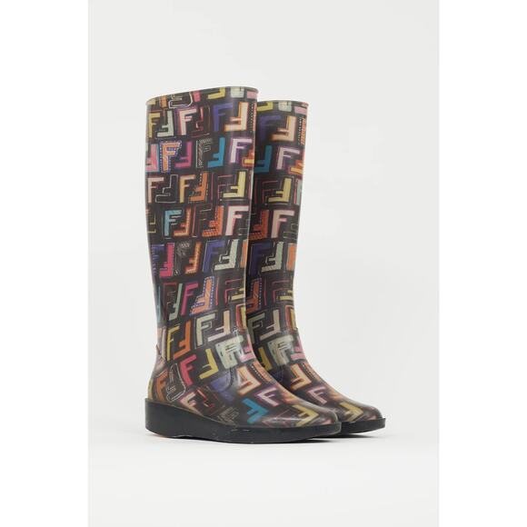 Fendi FF Print Rubber Rain Boot - 40 Us 10 Black & Multicolour - Picture 1 of 4